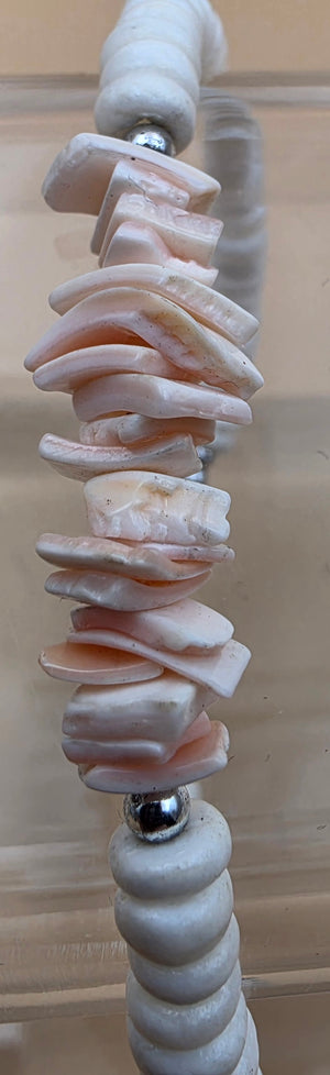 Pink and White/Silvertone 8" Shell Bracelet
