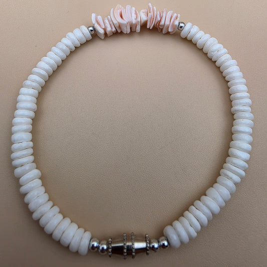 Pink and White/Silvertone 8" Shell Bracelet