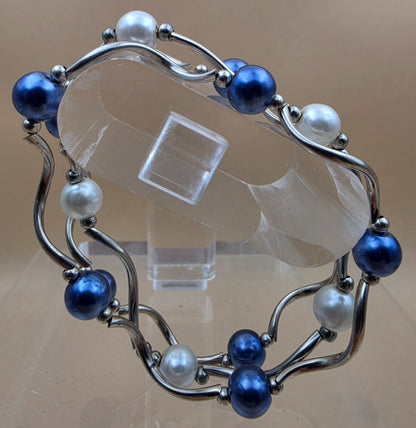Silvertone/Blue and White Faux Iridescent Pearl Beaded Stretch Bracelet(3)