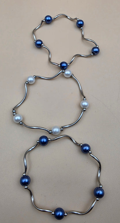 Silvertone/Blue and White Faux Iridescent Pearl Beaded Stretch Bracelet(3)