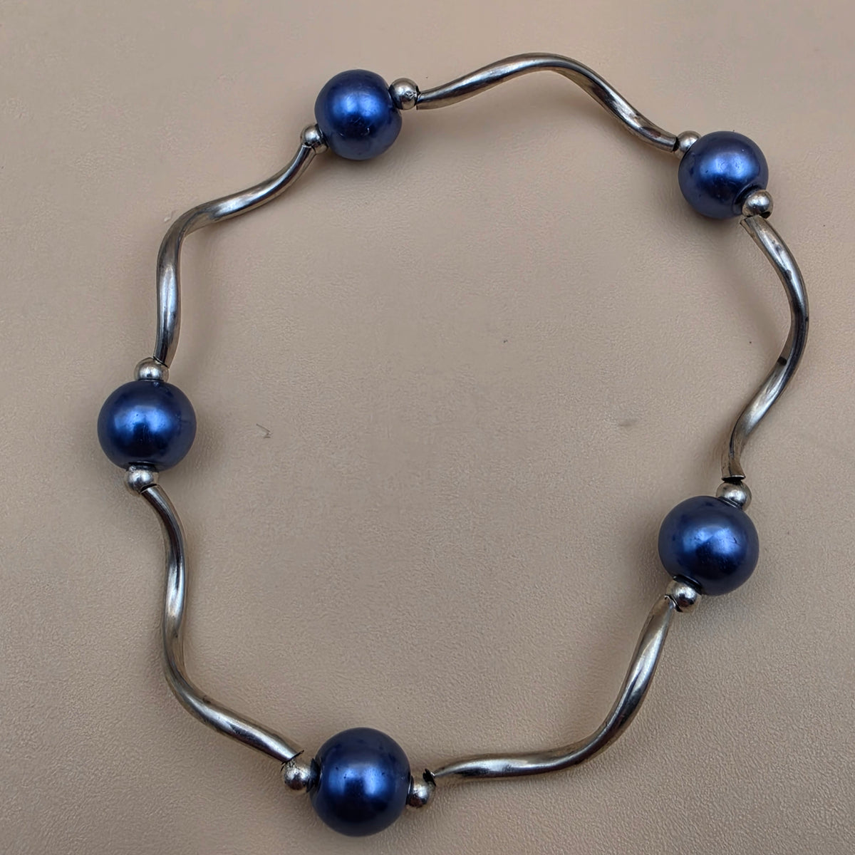Silvertone/Blue and White Faux Iridescent Pearl Beaded Stretch Bracelet(3)