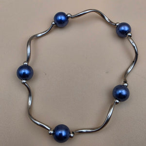 Silvertone/Blue and White Faux Iridescent Pearl Beaded Stretch Bracelet(3)