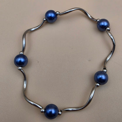 Silvertone/Blue and White Faux Iridescent Pearl Beaded Stretch Bracelet(3)