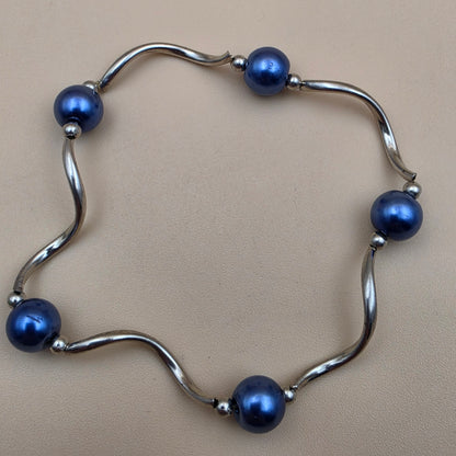 Silvertone/Blue and White Faux Iridescent Pearl Beaded Stretch Bracelet(3)