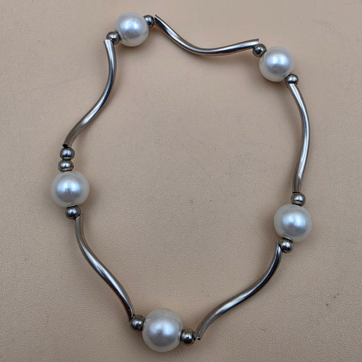 Silvertone/Blue and White Faux Iridescent Pearl Beaded Stretch Bracelet(3)