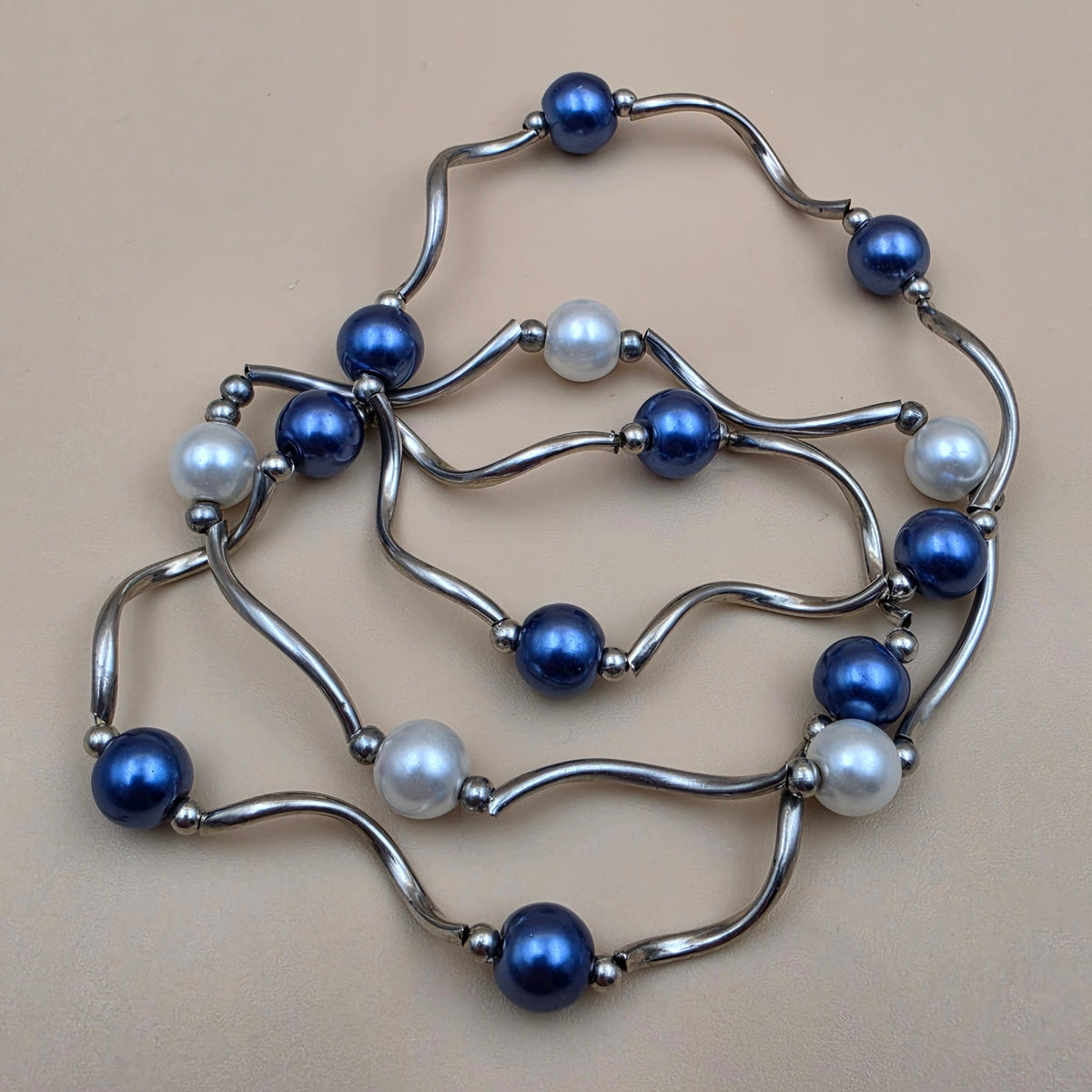 Silvertone/Blue and White Faux Iridescent Pearl Beaded Stretch Bracelet(3)