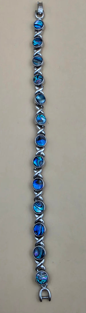 New Zealand Paua Shell/Silvertone XOXO Design 8" Bracelet