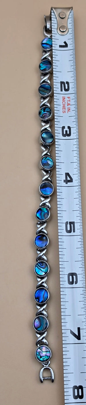 New Zealand Paua Shell/Silvertone XOXO Design 8" Bracelet