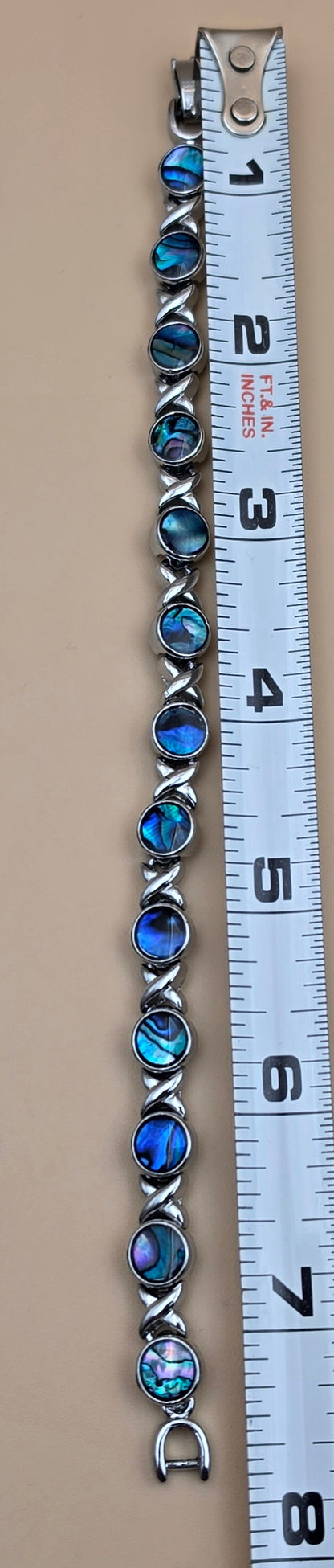 New Zealand Paua Shell/Silvertone XOXO Design 8" Bracelet