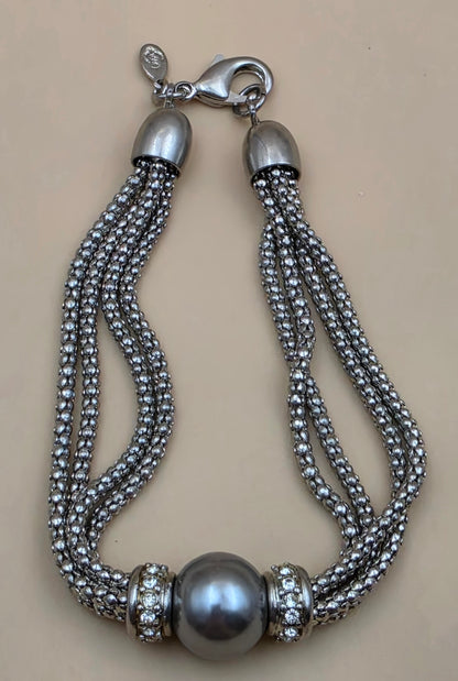 PREMIER DESIGNS Silvertone/8mm Silver Bead/4 Strand Snake Chain 7.25" Bracelet