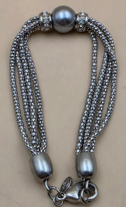 PREMIER DESIGNS Silvertone/8mm Silver Bead/4 Strand Snake Chain 7.25" Bracelet