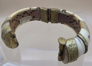 Hand Carved Antiqued White Buffalo/Brass Inlay Hinged 7" Cuff Bracelet