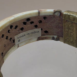 Hand Carved Antiqued White Buffalo/Brass Inlay Hinged 7" Cuff Bracelet