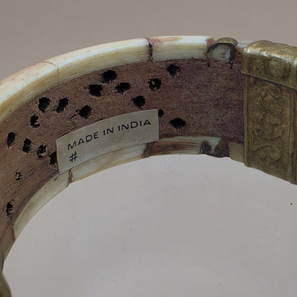 Hand Carved Antiqued White Buffalo/Brass Inlay Hinged 7" Cuff Bracelet