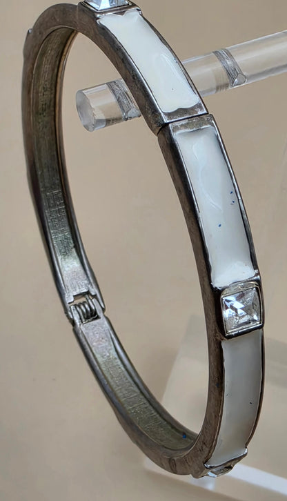 Cream Enamel/Silvertone/Glass Stone 7.5" Bangle Bracelet
