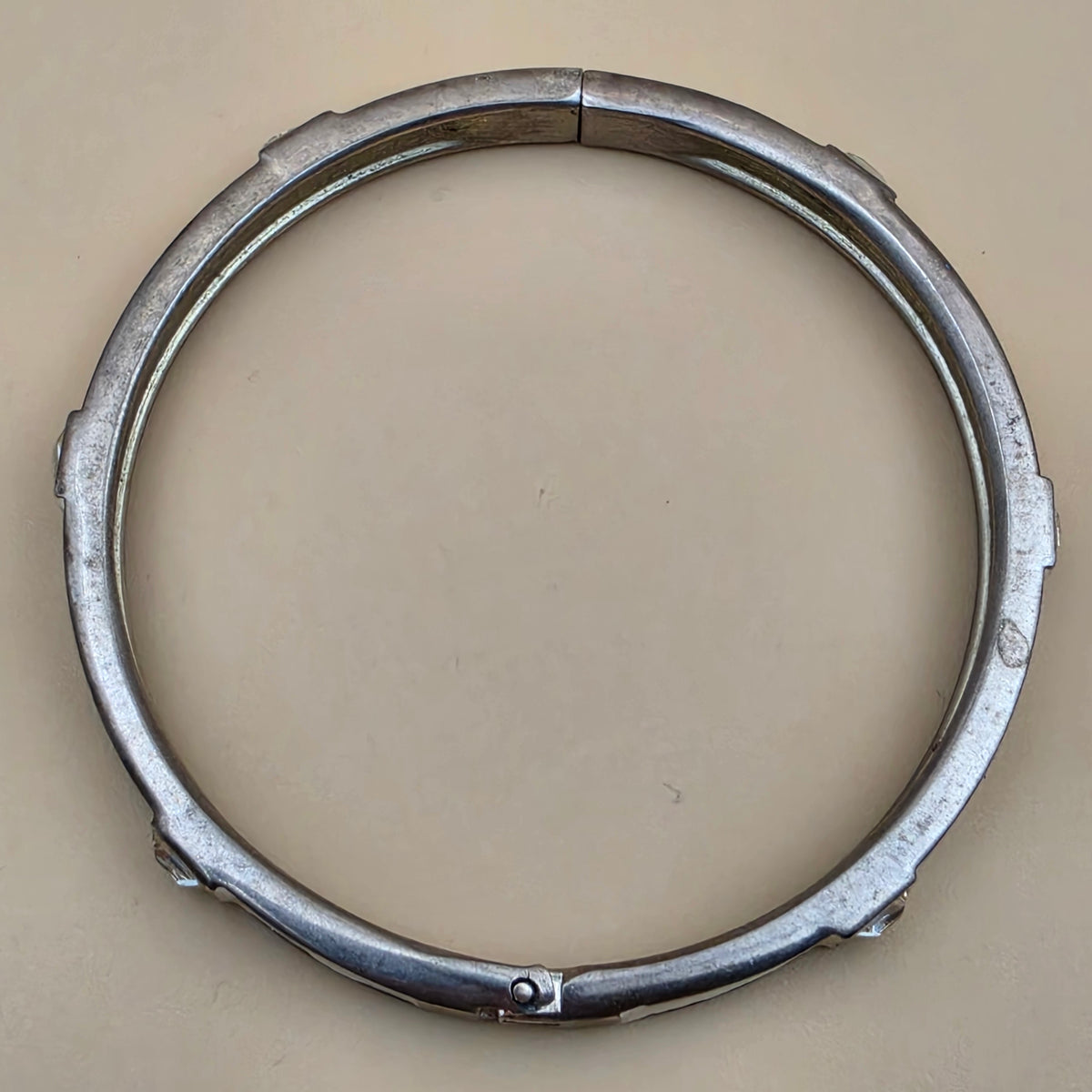 Cream Enamel/Silvertone/Glass Stone 7.5" Bangle Bracelet
