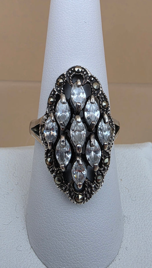 Vintage Sterling Silver/Crystal Navettes/Marcasite/Art Deco Inspired Ring Size 9
