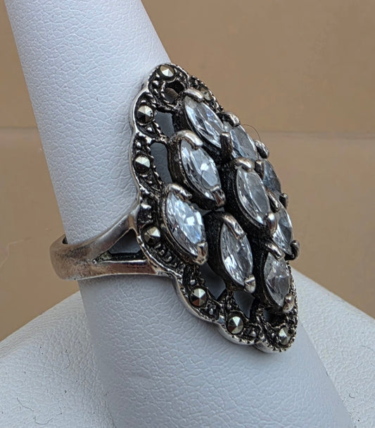 Vintage Sterling Silver/Crystal Navettes/Marcasite/Art Deco Inspired Ring Size 9