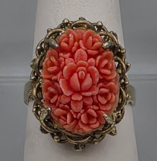 Faux Coral Carved Rose /Heavy Gold Plated(HGE) Vintage Cocktail Ring Size 7