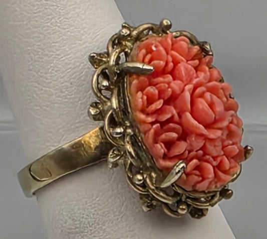 Faux Coral Carved Rose /Heavy Gold Plated(HGE) Vintage Cocktail Ring Size 7