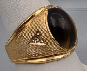 Tigers Eye Cabochon/Clear Zircon Chip/Gold Plated Cocktail Ring Size 8.75