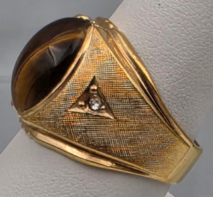 Tigers Eye Cabochon/Clear Zircon Chip/Gold Plated Cocktail Ring Size 8.75