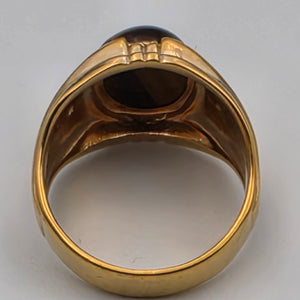Tigers Eye Cabochon/Clear Zircon Chip/Gold Plated Cocktail Ring Size 8.75