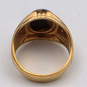 Tigers Eye Cabochon/Clear Zircon Chip/Gold Plated Cocktail Ring Size 8.75