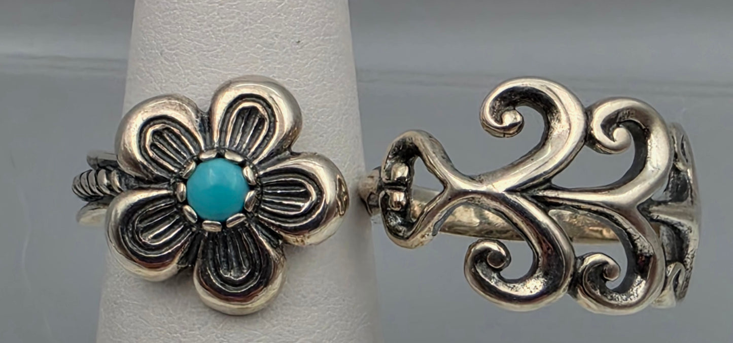 CAROLYN POLLACK Signed Turquoise/Sterling Silver Filagree Double Ring Sizes 8 and 7
