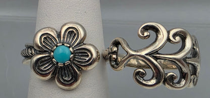 CAROLYN POLLACK Signed Turquoise/Sterling Silver Filagree Double Ring Sizes 8 and 7