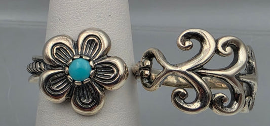 CAROLYN POLLACK Signed Turquoise/Sterling Silver Filagree Double Ring Sizes 8 and 7