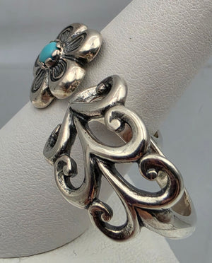 CAROLYN POLLACK Signed Turquoise/Sterling Silver Filagree Double Ring Sizes 8 and 7