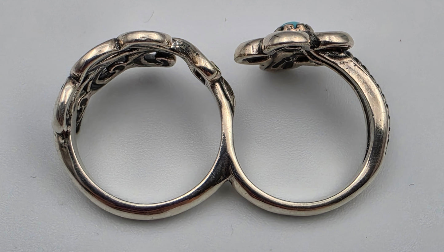 CAROLYN POLLACK Signed Turquoise/Sterling Silver Filagree Double Ring Sizes 8 and 7
