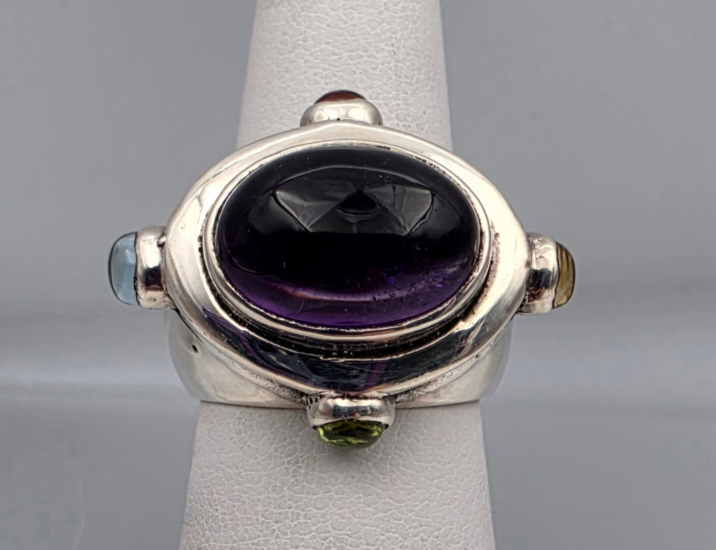 Abstract Minimalist Sterling Silver/Amethyst/Aquamarine/Citrine/Peridot/Ruby Vintage Cocktail Ring Size 5.75