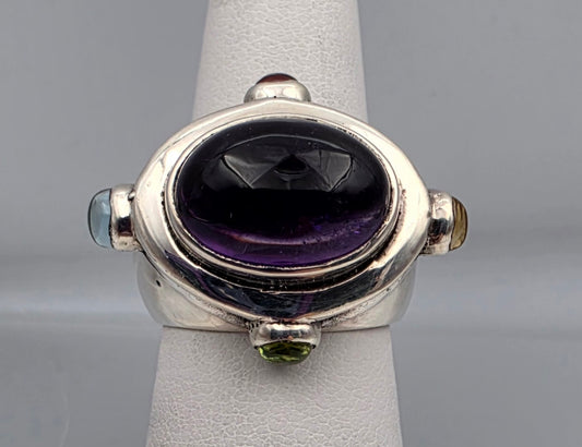 Abstract Minimalist Sterling Silver/Amethyst/Aquamarine/Citrine/Peridot/Ruby Vintage Cocktail Ring Size 5.75