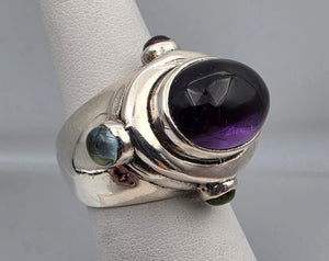 Abstract Minimalist Sterling Silver/Amethyst/Aquamarine/Citrine/Peridot/Ruby Vintage Cocktail Ring Size 5.75