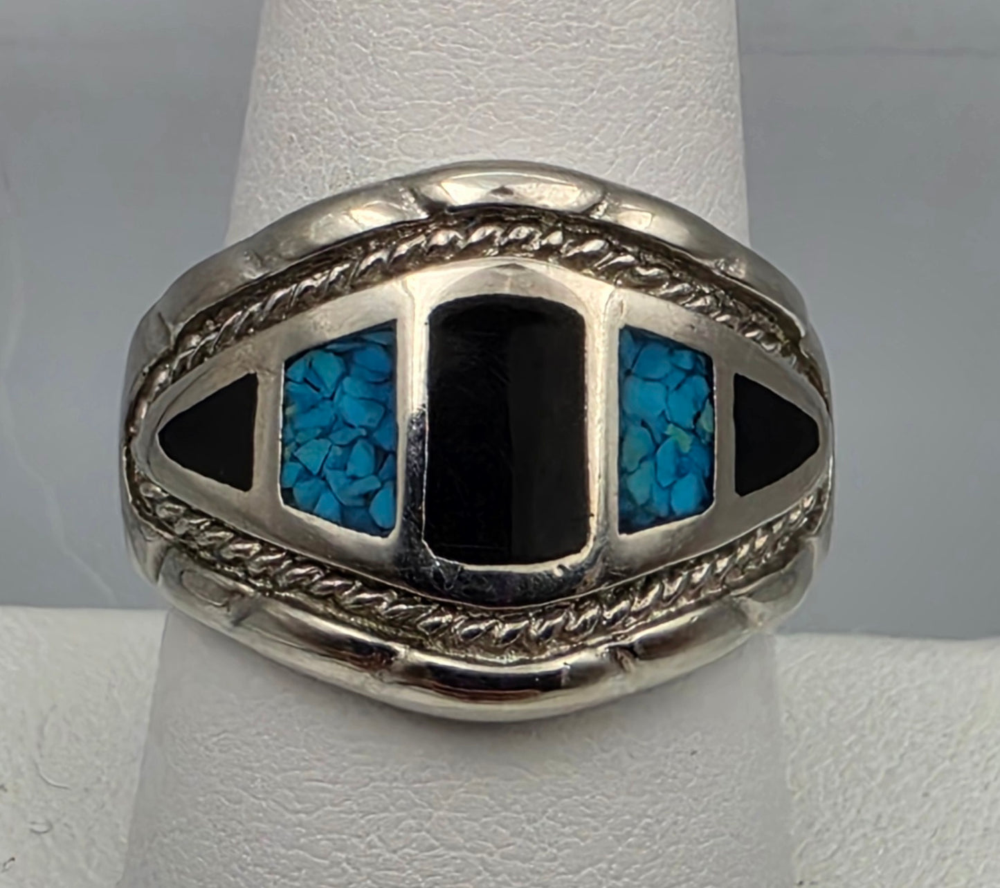 Turquoise Chip Inlay/Onyx/Sterling Silver Ring Size 9.25