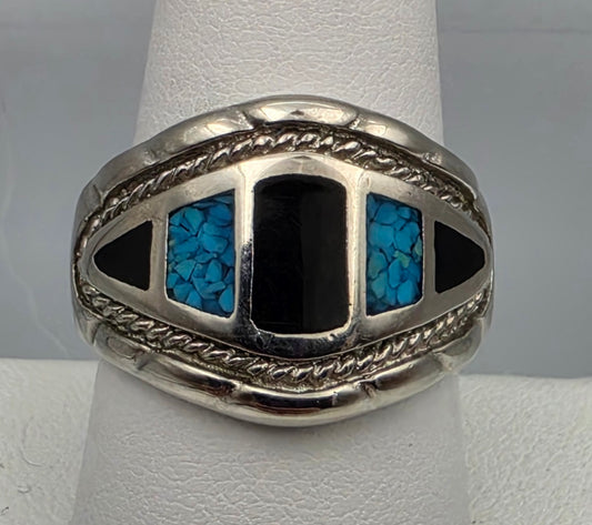 Turquoise Chip Inlay/Onyx/Sterling Silver Ring Size 9.25