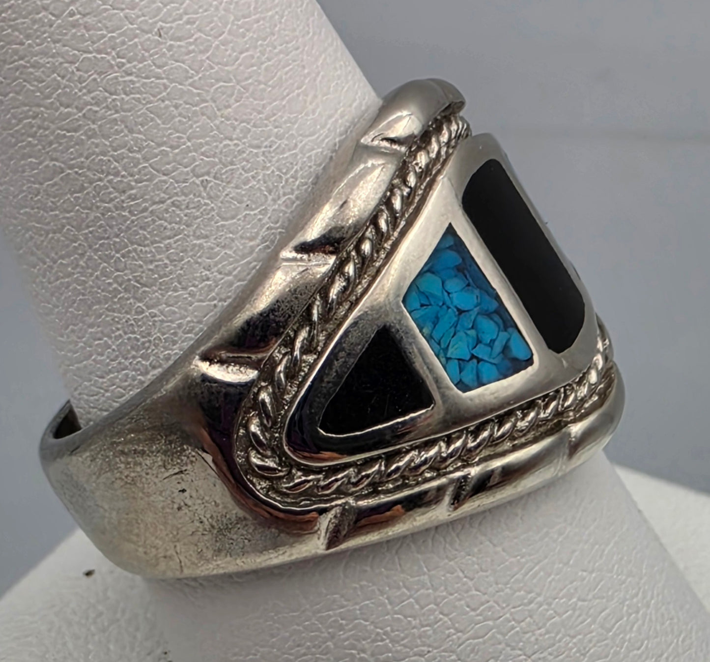 Turquoise Chip Inlay/Onyx/Sterling Silver Ring Size 9.25