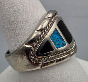 Turquoise Chip Inlay/Onyx/Sterling Silver Ring Size 9.25