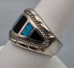 Turquoise Chip Inlay/Onyx/Sterling Silver Ring Size 9.25