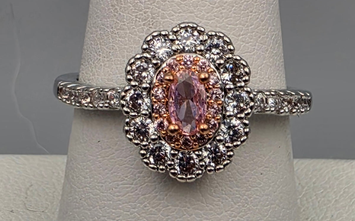 Silver Plated/Rose Gold Tone/Clear/Pink Rhinestone Ring Size 9.25