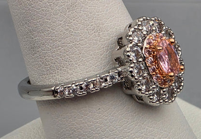 Silver Plated/Rose Gold Tone/Clear/Pink Rhinestone Ring Size 9.25