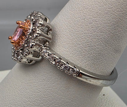 Silver Plated/Rose Gold Tone/Clear/Pink Rhinestone Ring Size 9.25