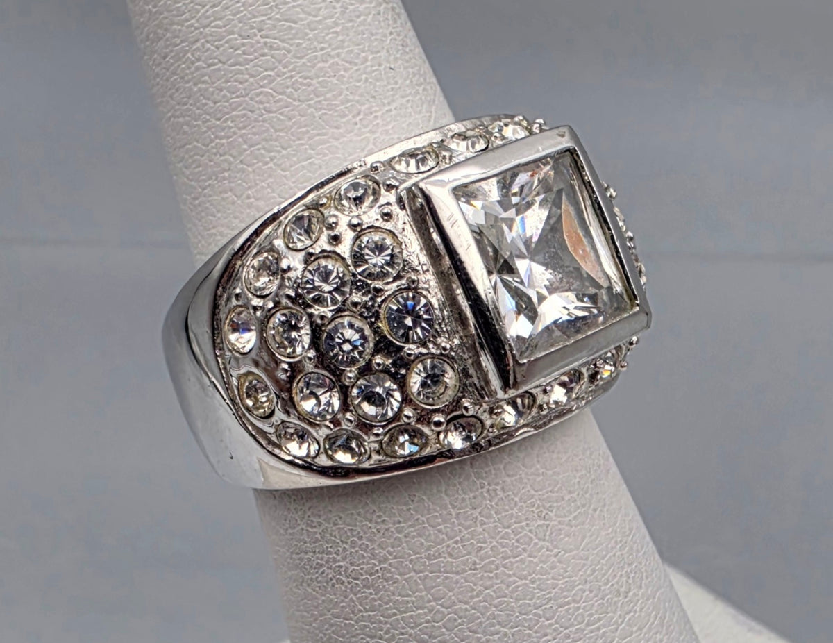 Silver Tone/Clear Rhinestone Dome Ring Size 7