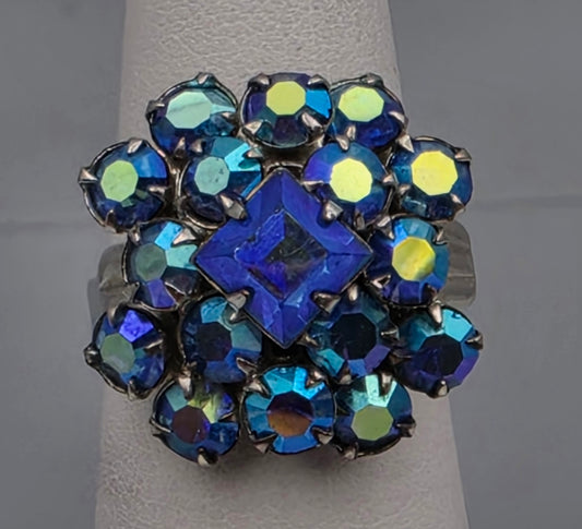 Vintage Aurora Borealis Rhinestones Cluster Ring Size 6.75