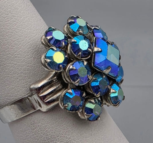 Vintage Aurora Borealis Rhinestones Cluster Ring Size 6.75