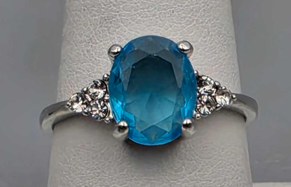 Silver Plated/Blue/Clear/Crystal Rhinestone Ring Size 8.75