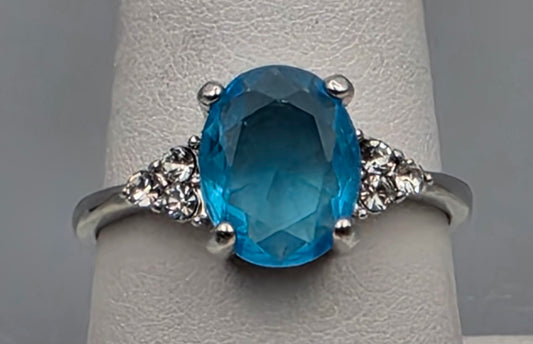 Silver Plated/Blue/Clear/Crystal Rhinestone Ring Size 8.75