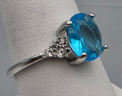Silver Plated/Blue/Clear/Crystal Rhinestone Ring Size 8.75